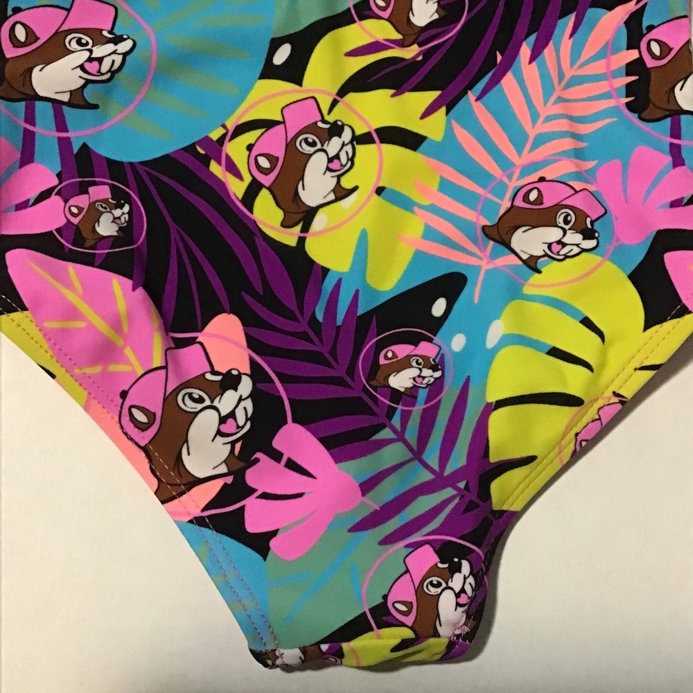 Buc-ee's Girls 2T One Piece Swimsuit Tropical Beaver Print Pink Ruffle Bow Back - Picture 4 of 6